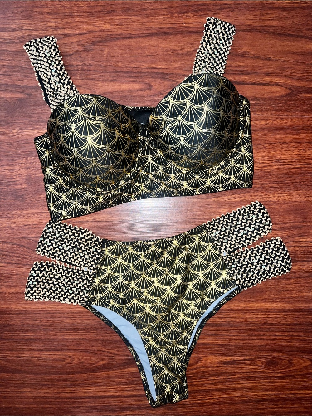 High-Waist Gold Fan-Print Bikini Set